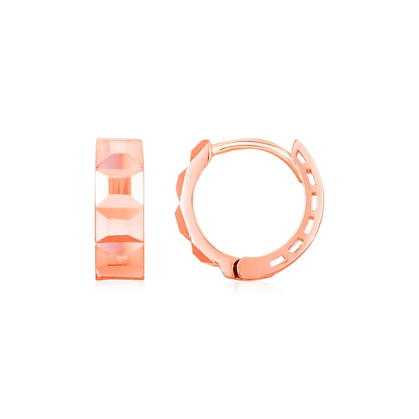 14K Rose Gold Square Motif Faceted Huggie Earrings RCJ Earrings CELESTIA LUXE JEWELLERS