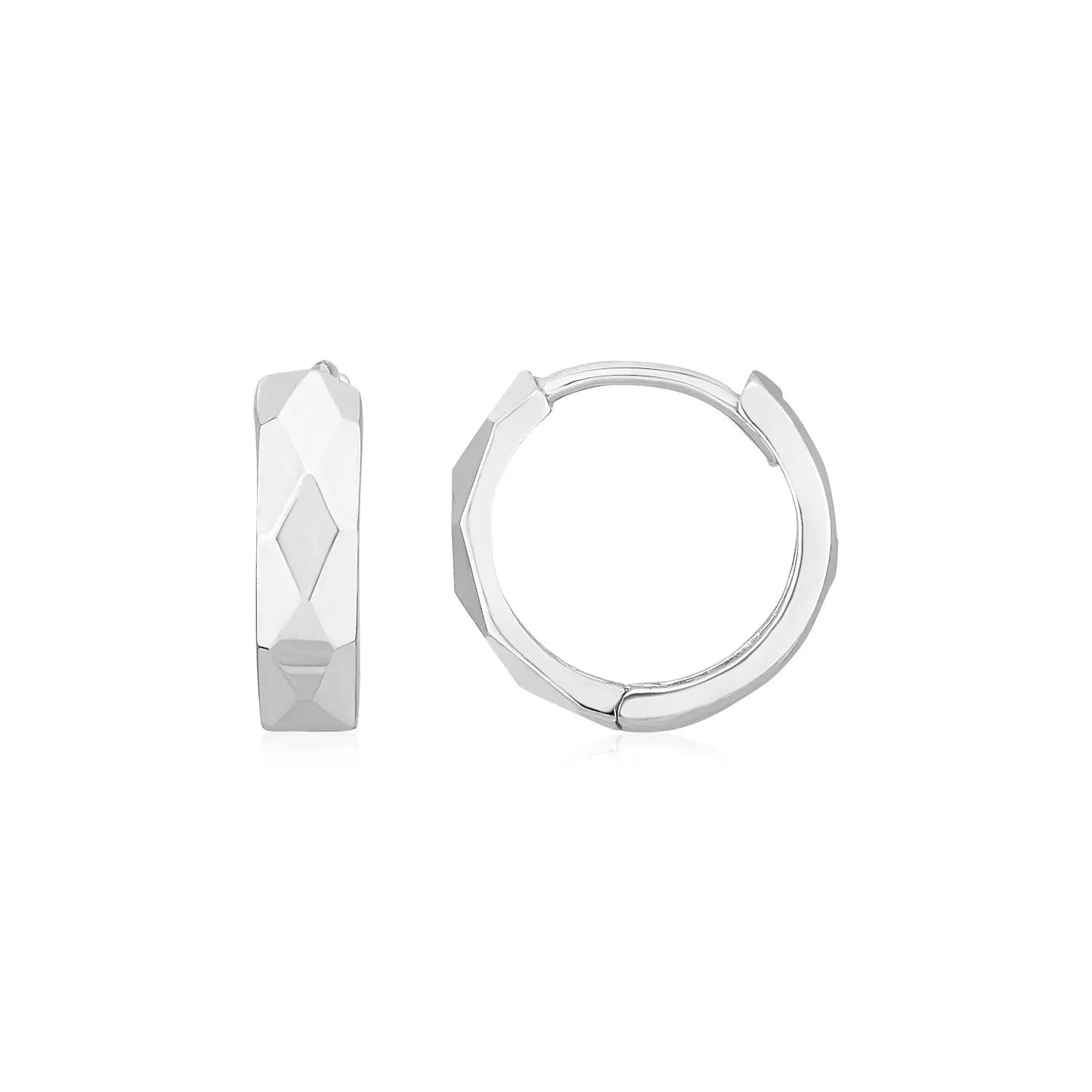 14K White Gold Diamond Motif Faceted Huggie Earrings(12.9mm) RCJ Earrings CELESTIA LUXE JEWELLERS