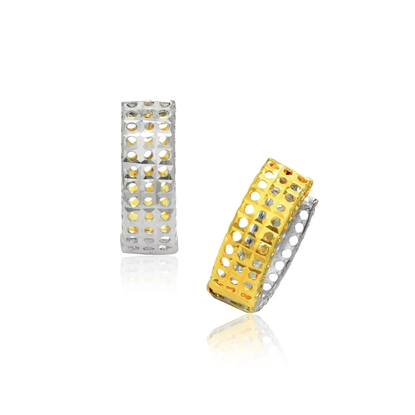 14k Two-Tone Gold Snuggable Earrings with a Mesh Style RCJ Earrings CELESTIA LUXE JEWELLERS