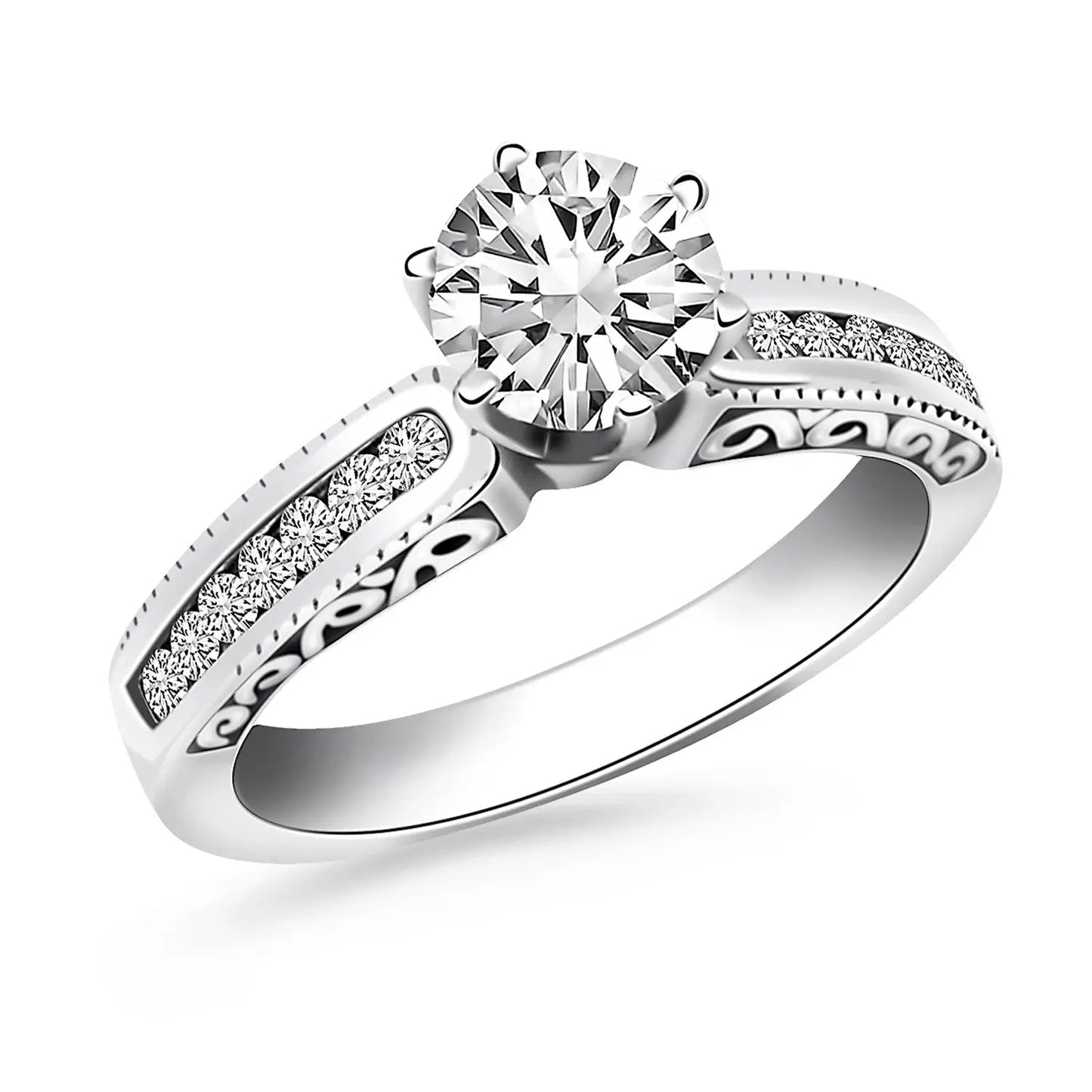14k White Gold Channel Set Engagement Ring with Engraved Sides RCJ Rings CELESTIA LUXE JEWELLERS