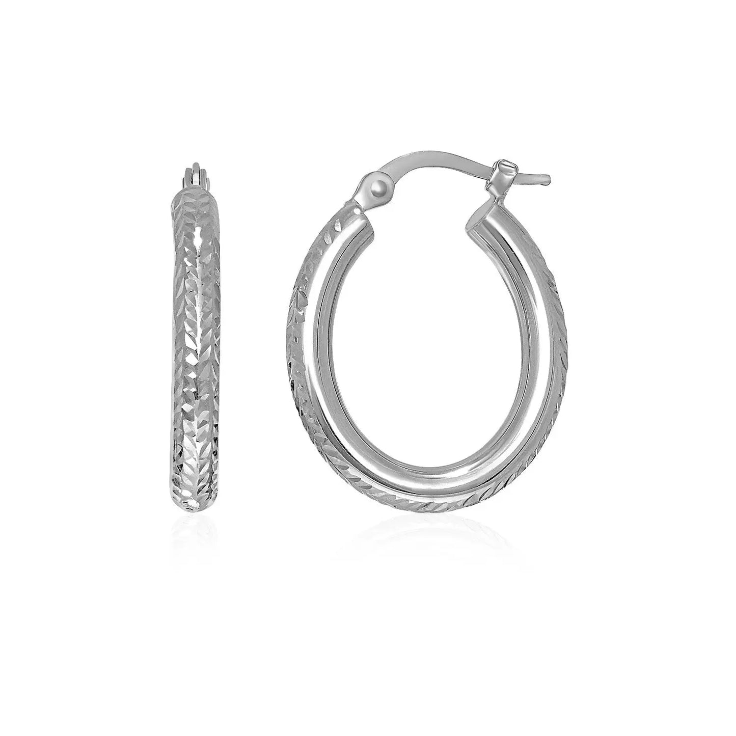 14k White Gold Diamond Cut Textured Oval Hoop Earrings. RCJ Earrings CELESTIA LUXE JEWELLERS