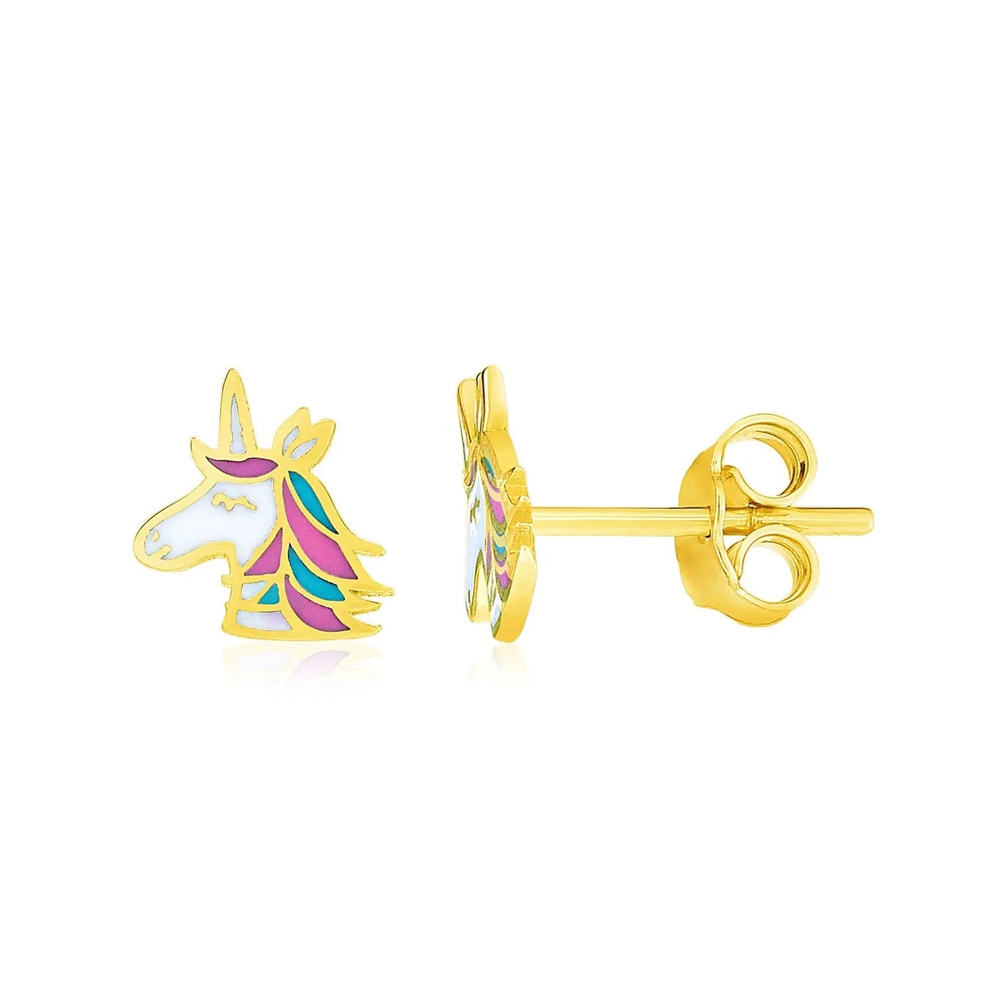 14k Yellow Gold Enameled Unicorn Childrens Earrings RCJ Earrings CELESTIA LUXE JEWELLERS