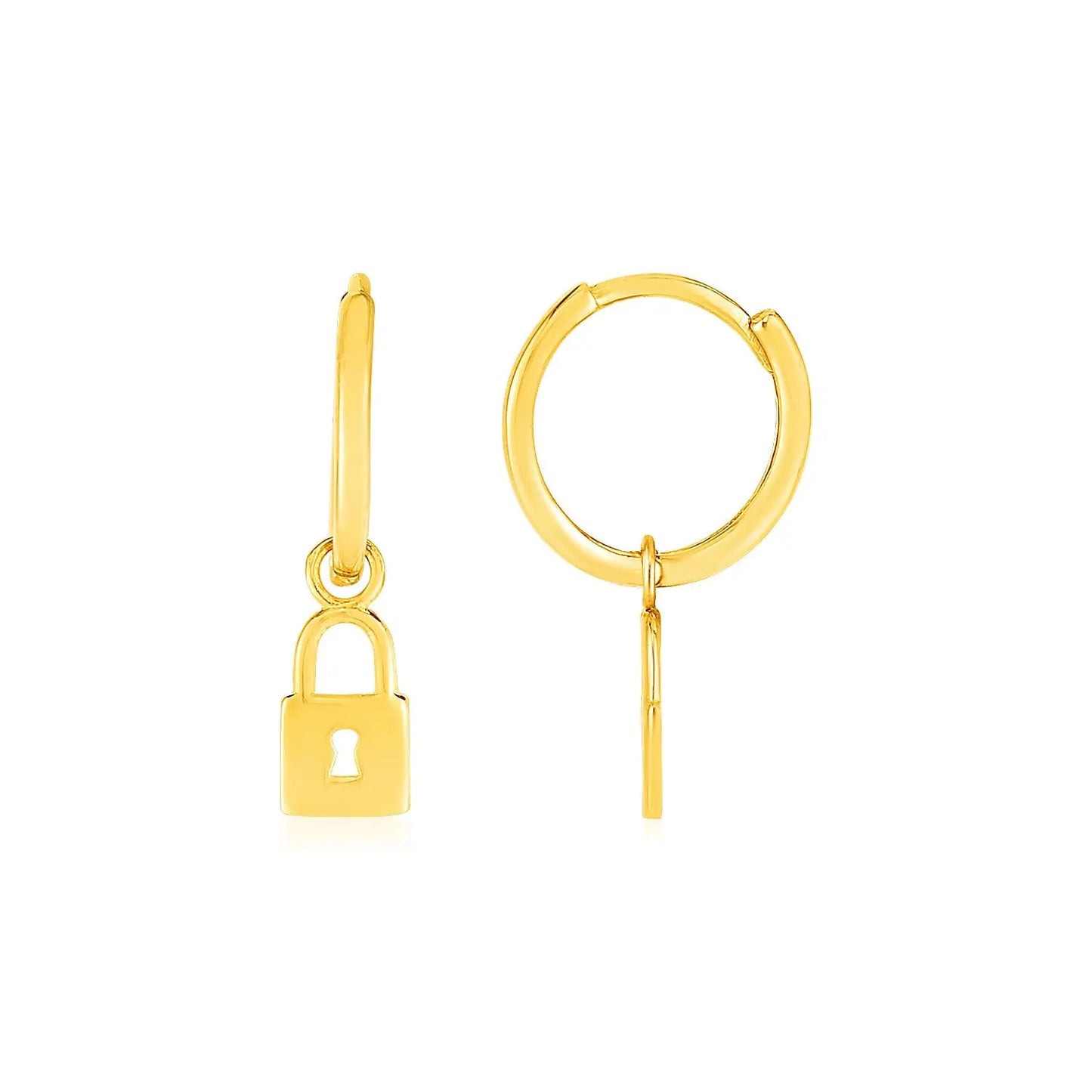 14k Yellow Gold Huggie Style Hoop Earrings with Padlock Drops RCJ Earrings CELESTIA LUXE JEWELLERS