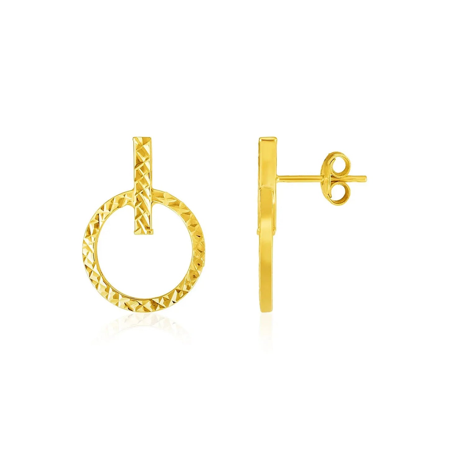 14k Yellow Gold Textured Circle and Bar Post Earrings RCJ Earrings CELESTIA LUXE JEWELLERS