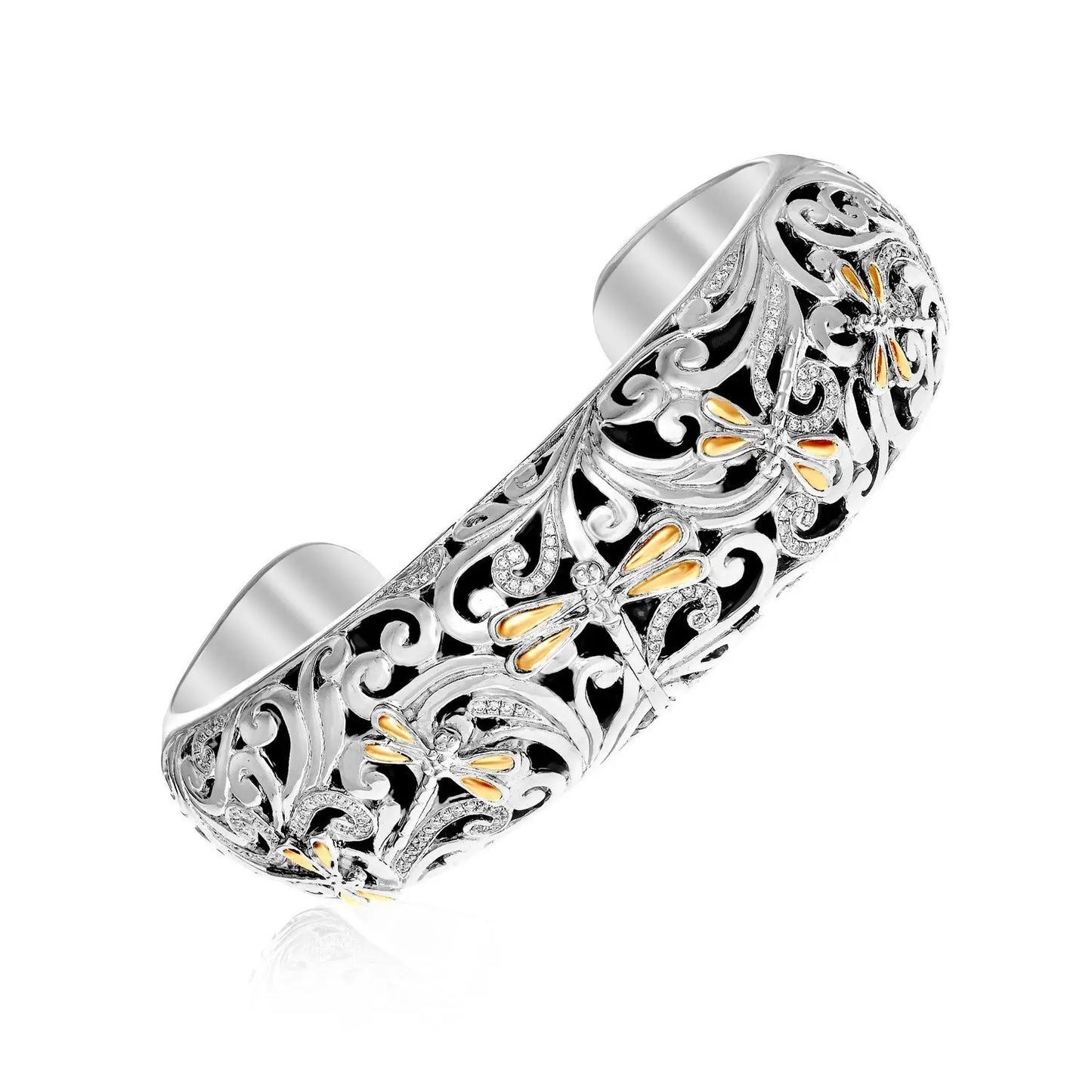 18k Yellow Gold & Sterling Silver Diamond Accent Dragonfly Cuff Bangle(19.00 mm) RCJ Bangles CELESTIA LUXE JEWELLERS