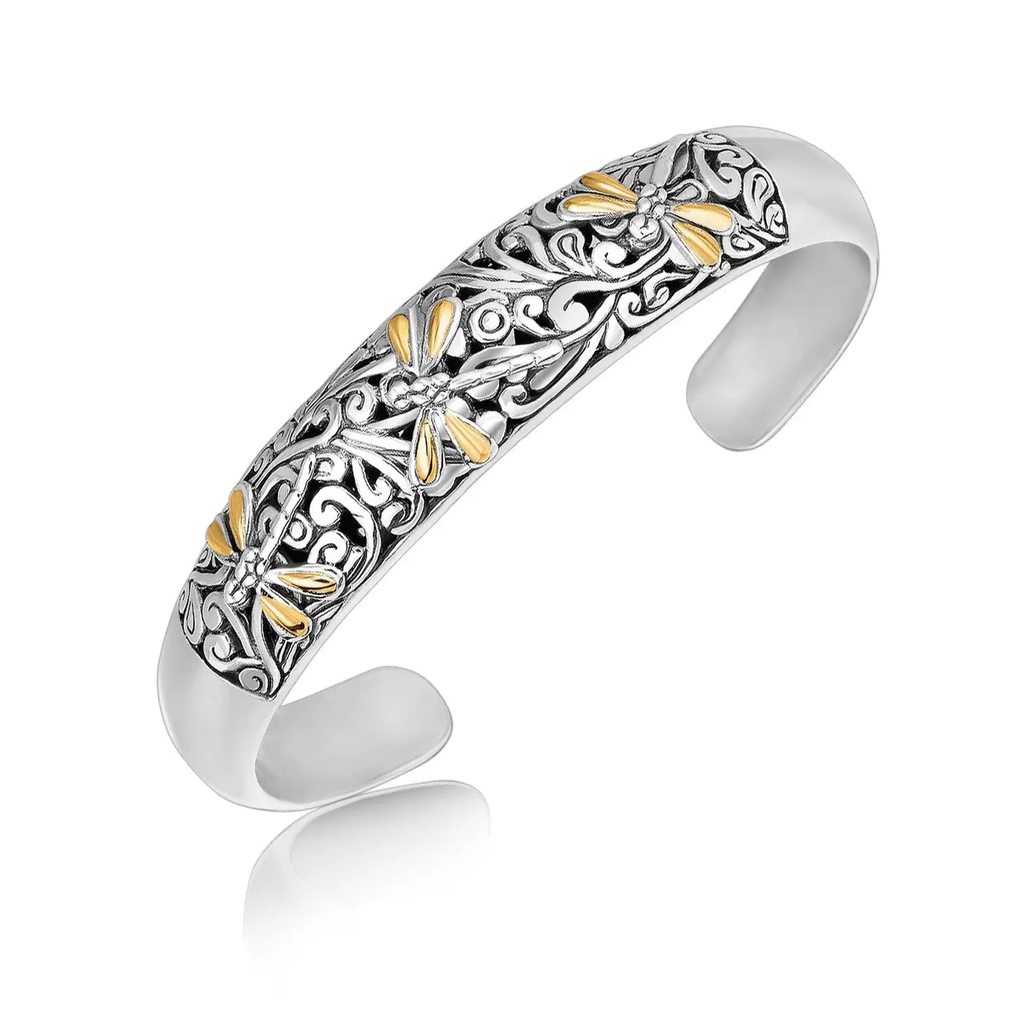 18k Yellow Gold and Sterling Silver Cuff with Dragonfly and Flourishes(12.70 mm) RCJ Bangles CELESTIA LUXE JEWELLERS