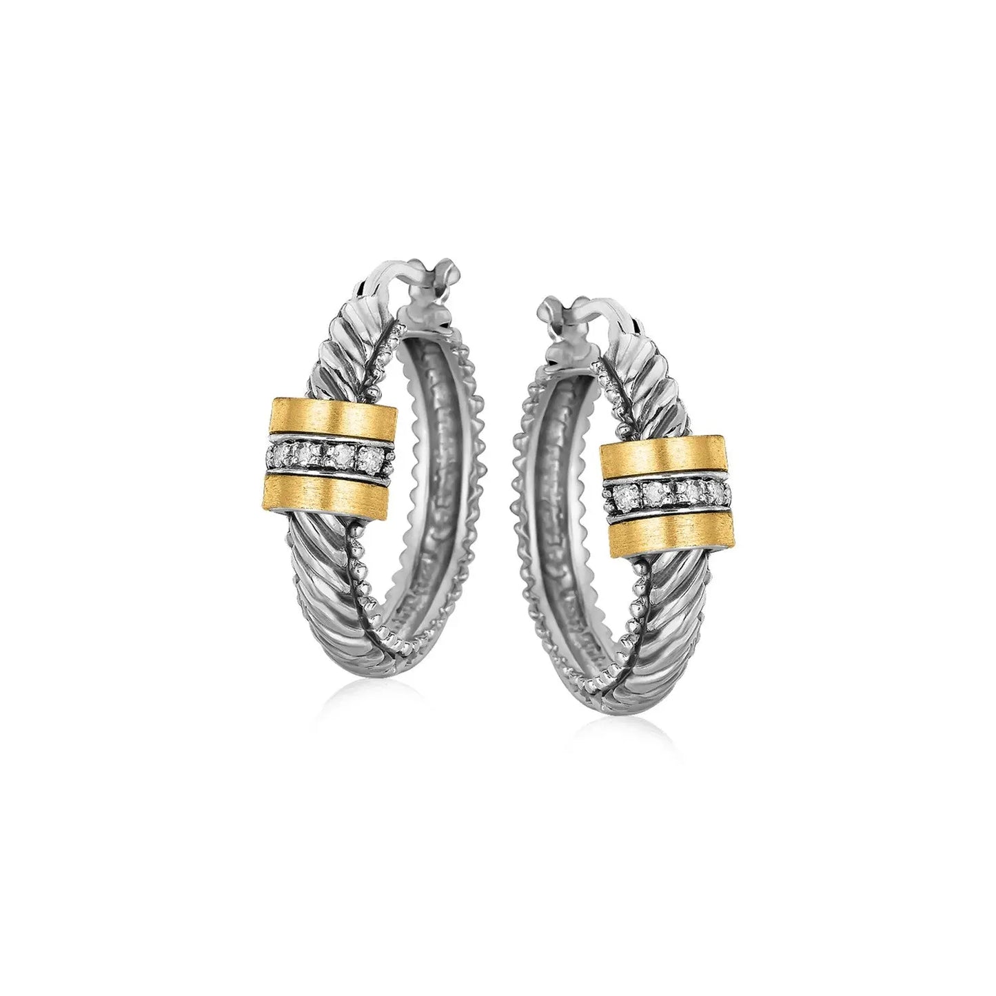 18k Yellow Gold and Sterling Silver Diamond Italian Cable Style Hoop Earrings RCJ Earrings CELESTIA LUXE JEWELLERS
