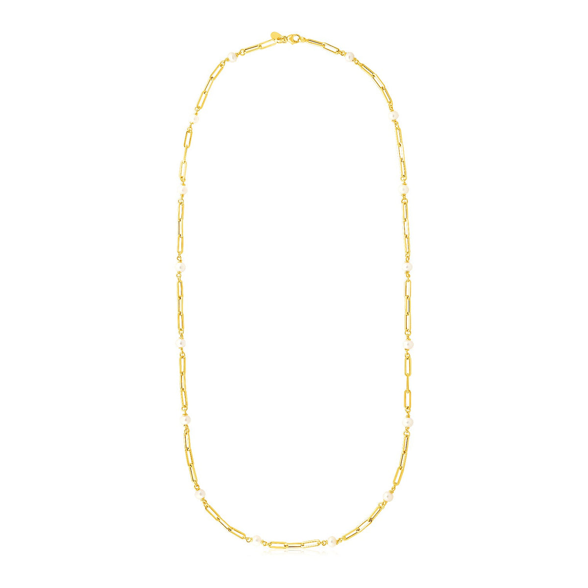 14k Yellow Gold Paperclip Chain and Pearl Necklace