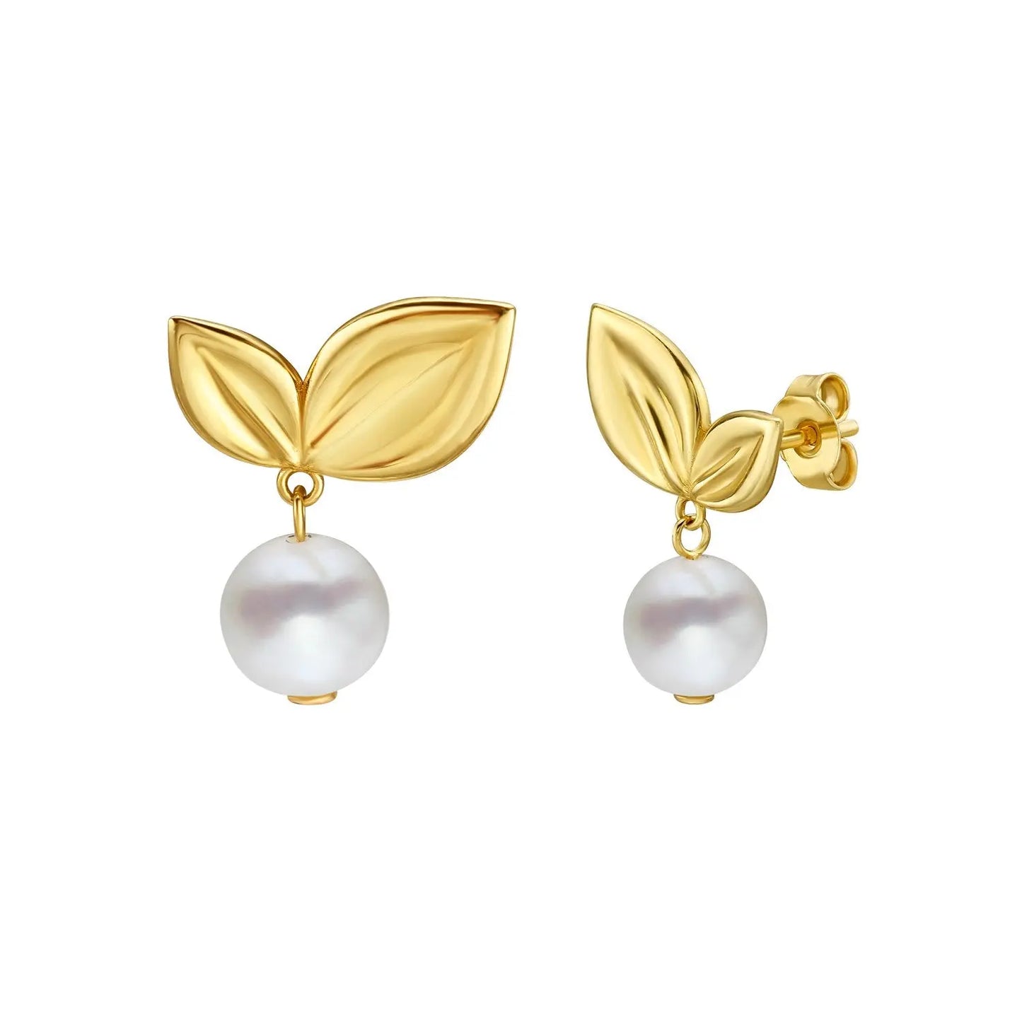 Pearl Drop Earrings with Cherry Leaf in 14K Yellow Gold RCJ Earrings CELESTIA LUXE JEWELLERS