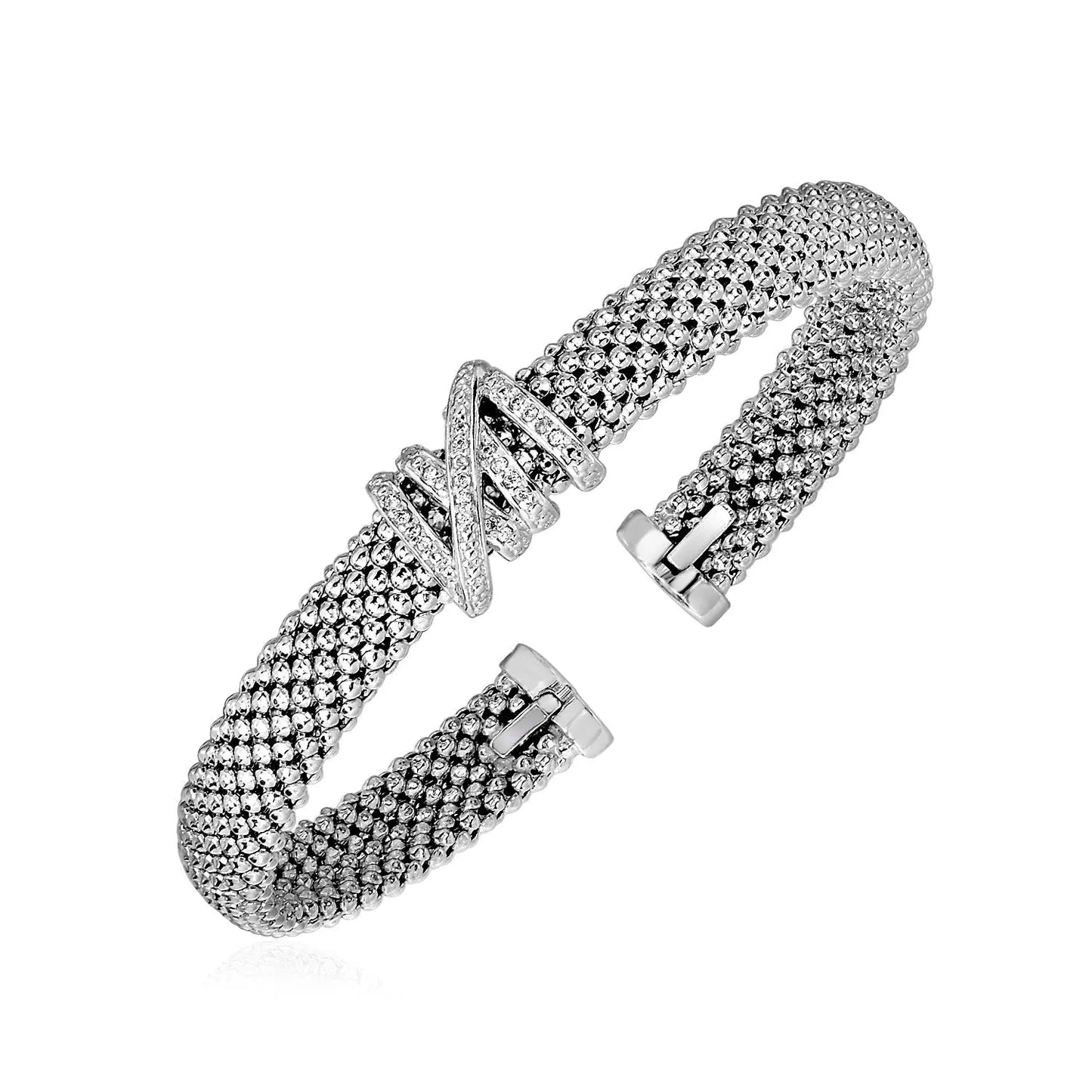 Popcorn Texture Cuff Bangle with Diamonds in Sterling Silver (8.00 mm) RCJ Bangles CELESTIA LUXE JEWELLERS