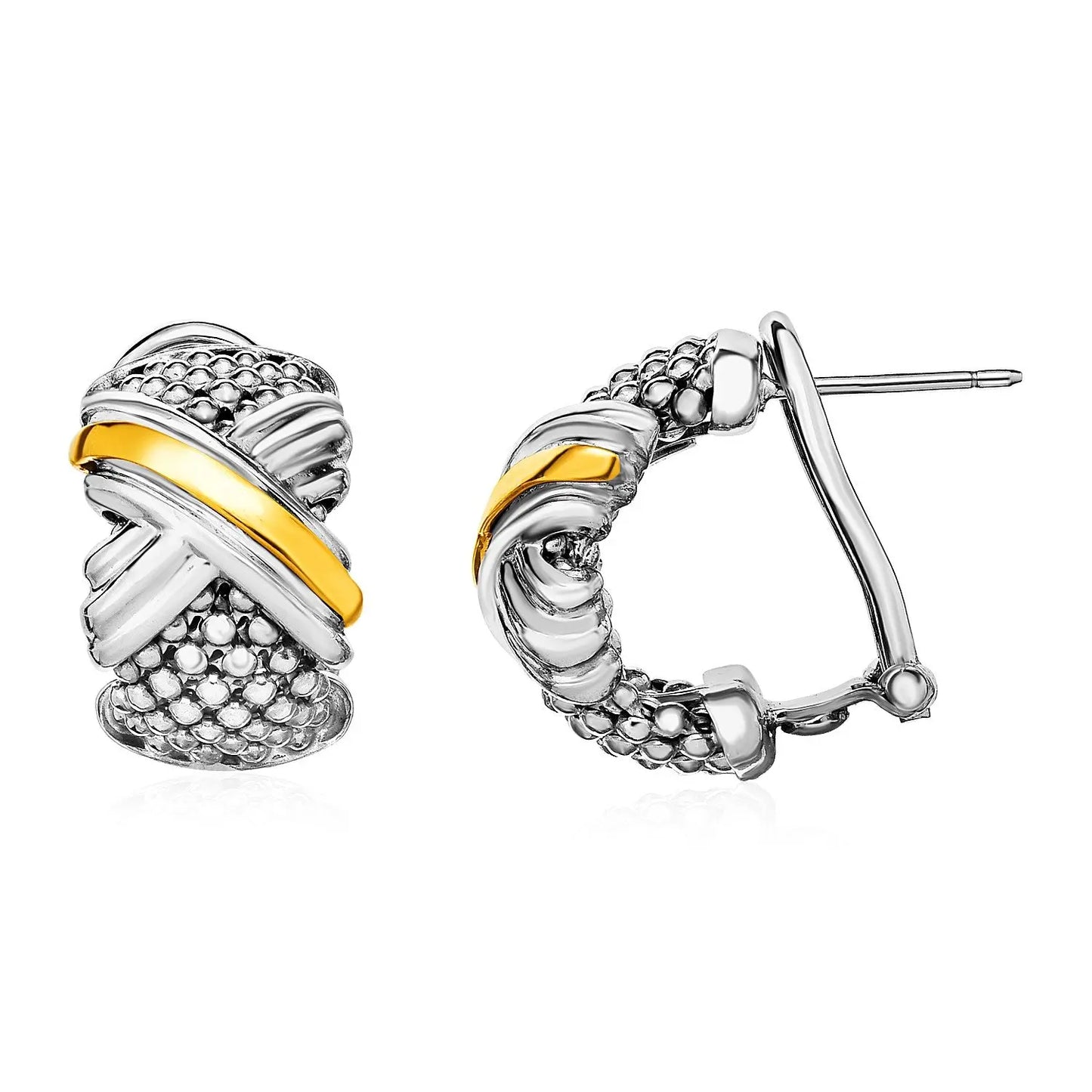 Popcorn Texture Earrings with X Motif in Sterling Silver and 18k Yellow Gold RCJ Earrings CELESTIA LUXE JEWELLERS