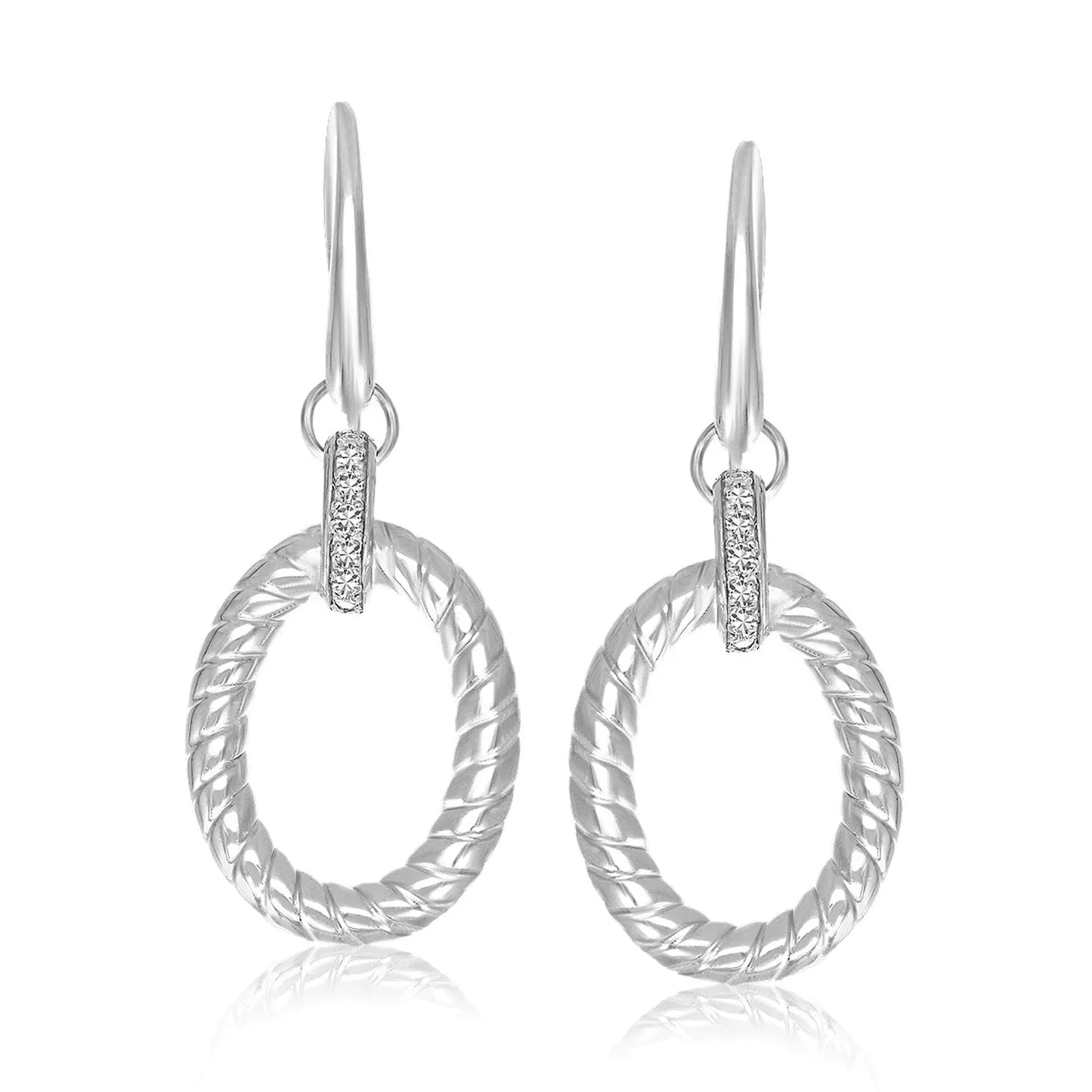 Sterling Silver Rhodium Finished Diamond Embellished Oval Rope Drop Earrings RCJ Earrings CELESTIA LUXE JEWELLERS