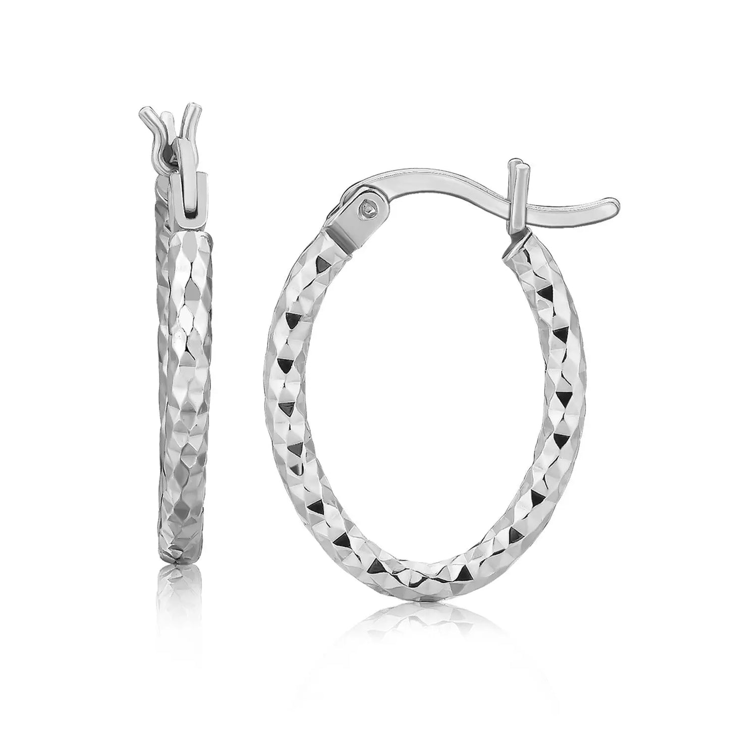 Sterling Silver Rhodium Plated Oval Hoop Diamond Cut Textured Earrings(2x10mm) RCJ Earrings CELESTIA LUXE JEWELLERS