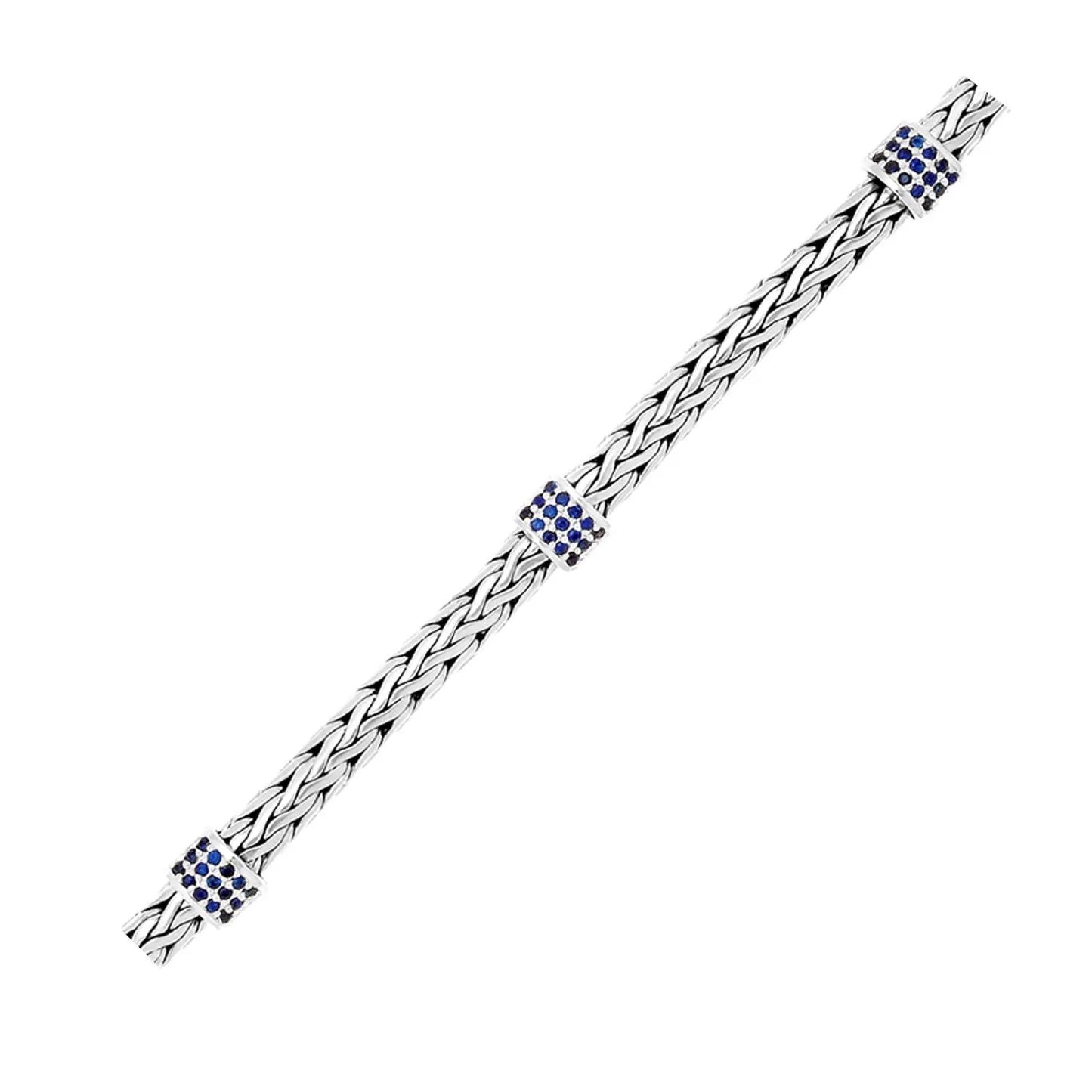 Sterling Silver Woven Bracelet with Blue Sapphire Stations (6.35 mm) RCJ Bracelets CELESTIA LUXE JEWELLERS