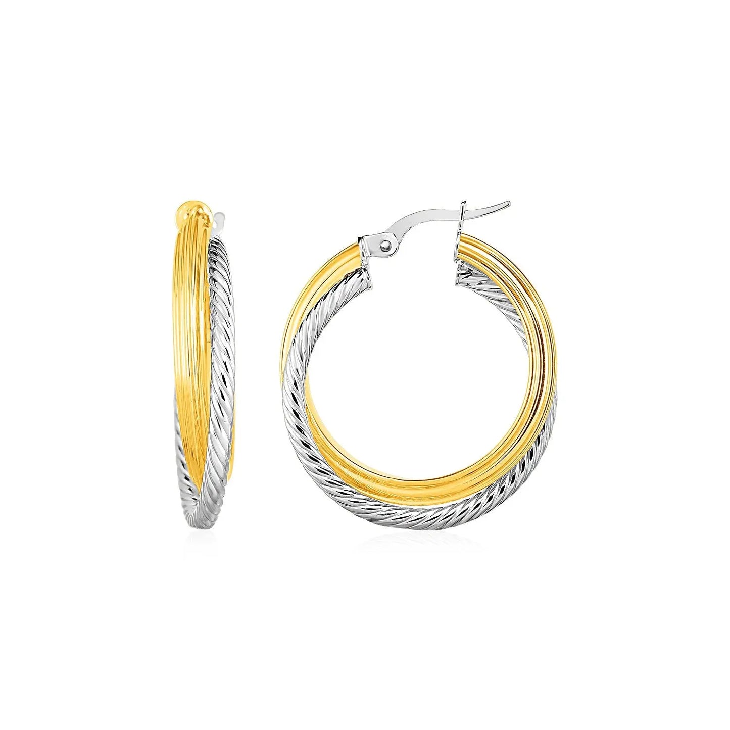 Two Part Textured and Shiny Hoop Earrings in 14k Yellow and White Gold(4x20mm) RCJ Earrings CELESTIA LUXE JEWELLERS