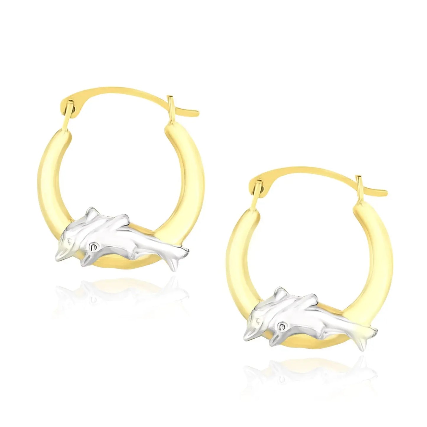10k Two-Tone Gold Round Graduated Dolphin Design Hoop Earrings RCJ Earrings  CELESTIA LUXE JEWELLERS