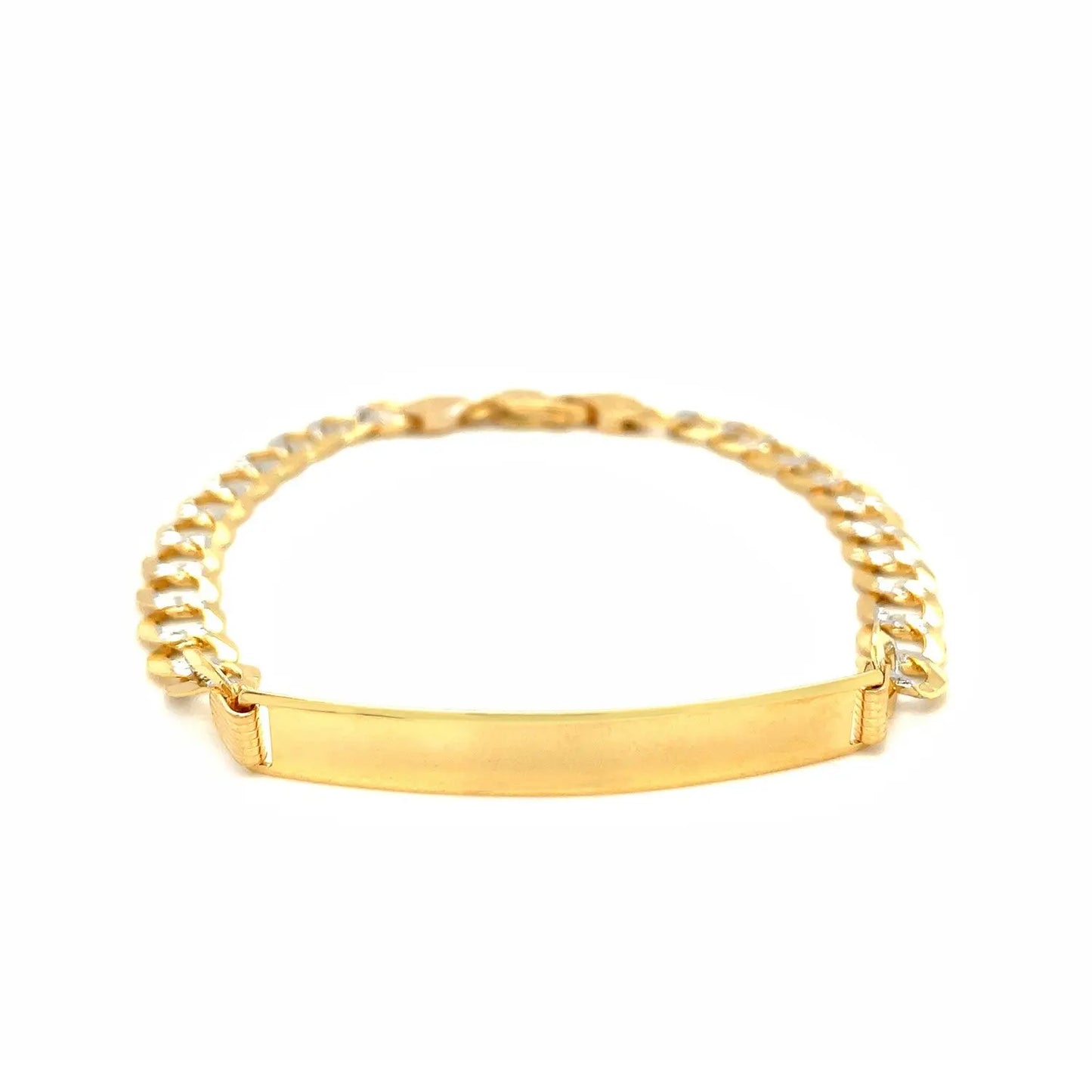 14k Two Tone Gold Mens Narrow Curb Chain ID Bracelet with White Pave (6.70 mm) RCJ Bracelets  CELESTIA LUXE JEWELLERS