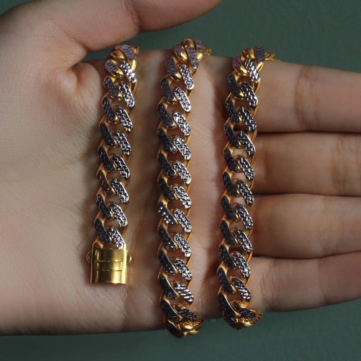 14k Two Tone Gold Miami Cuban Chain Necklace with White Pave RCJ Necklaces  CELESTIA LUXE JEWELLERS