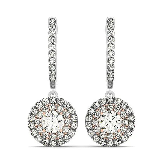 14k White And Rose Gold Drop Diamond Earrings with a Halo Design (3/4 cttw) RCJ Earrings  CELESTIA LUXE JEWELLERS