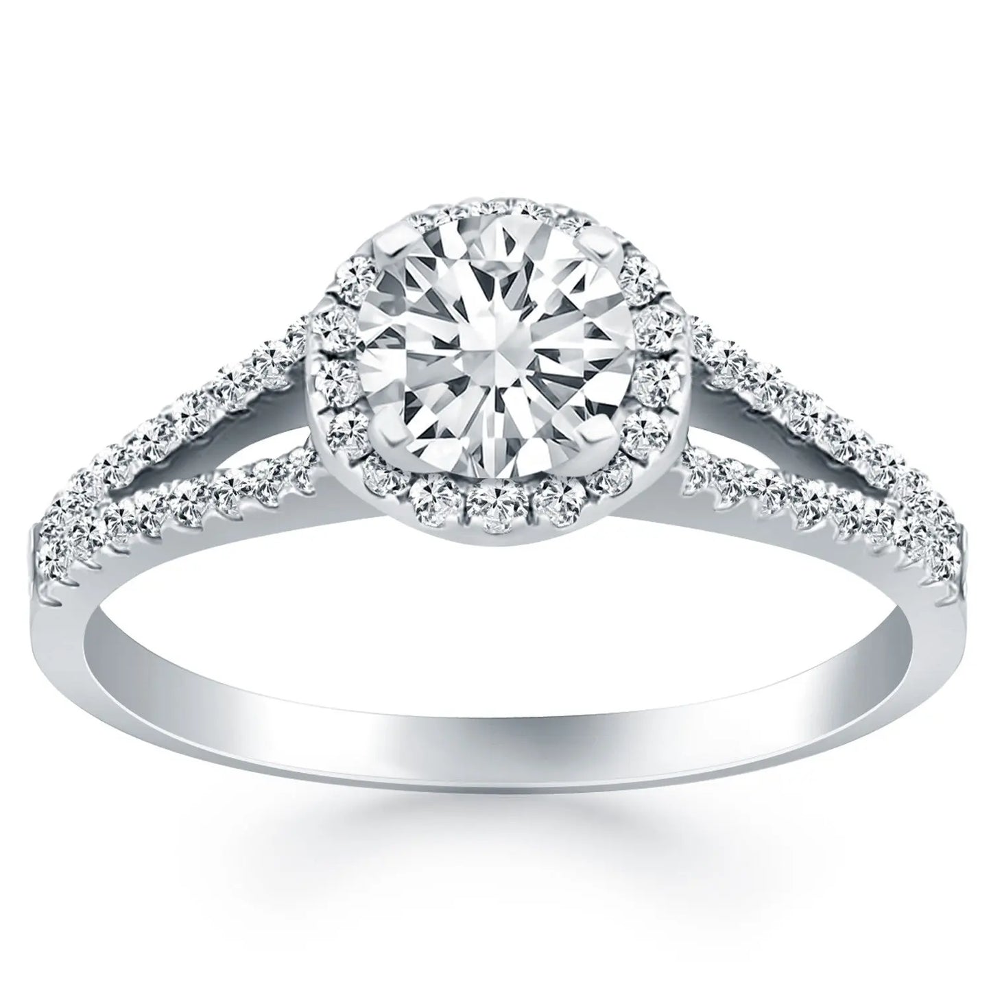 14k White Gold Diamond Halo Split Shank Engagement Ring RCJ Rings  CELESTIA LUXE JEWELLERS