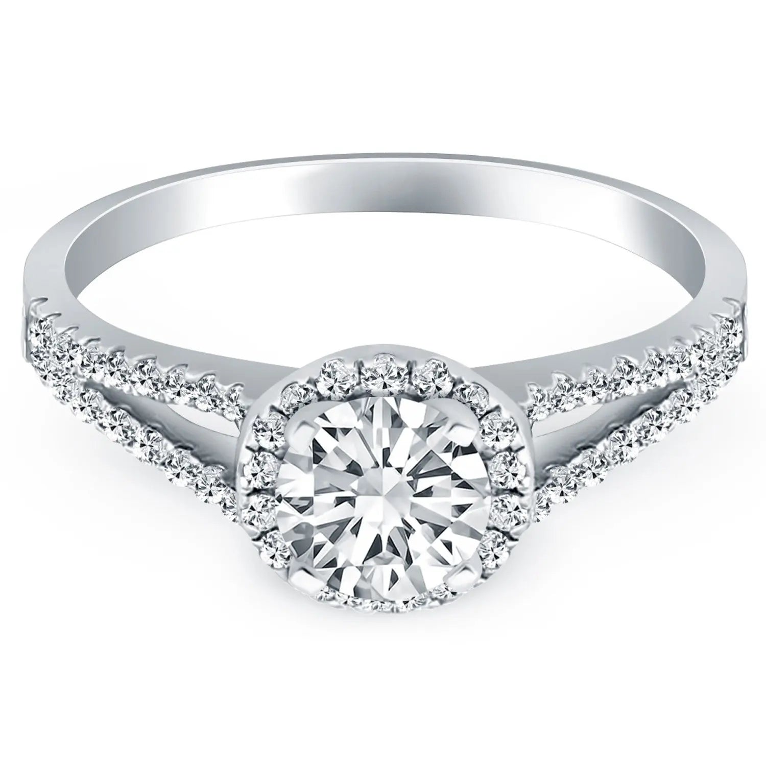 14k White Gold Diamond Halo Split Shank Engagement Ring RCJ Rings  CELESTIA LUXE JEWELLERS