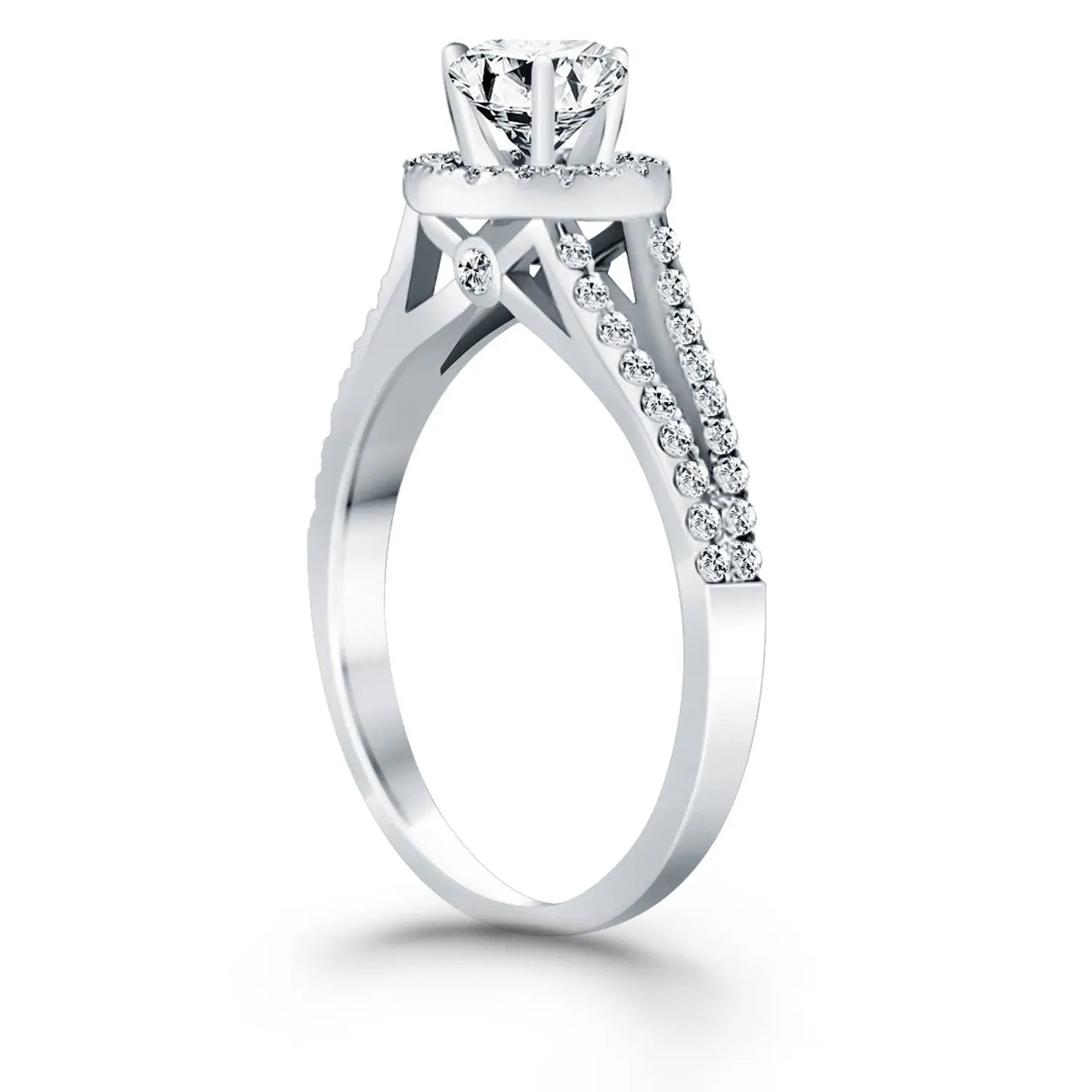 14k White Gold Diamond Halo Split Shank Engagement Ring RCJ Rings  CELESTIA LUXE JEWELLERS