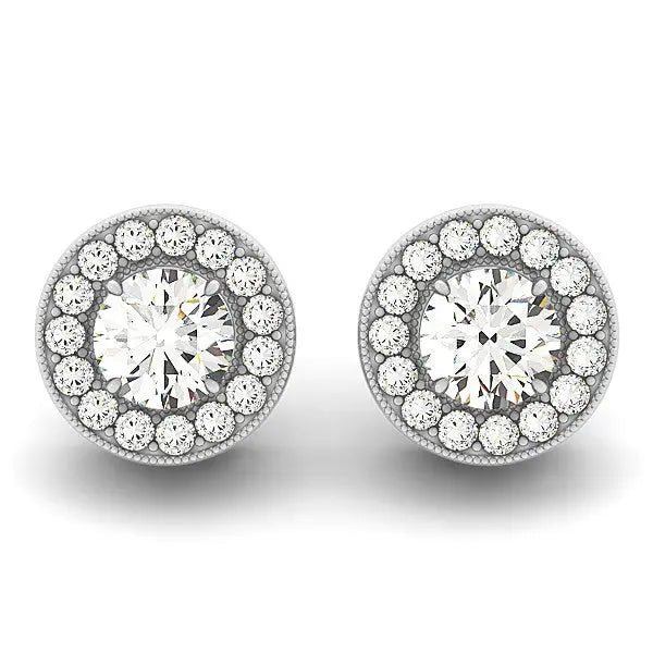 14k White Gold Round Diamond Halo Milgrain Border Earrings (3/4 cttw) RCJ Earrings  CELESTIA LUXE JEWELLERS