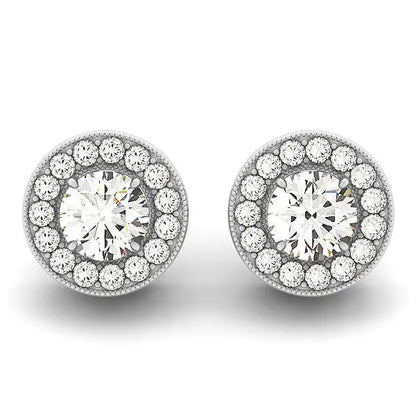 14k White Gold Round Diamond Halo Milgrain Border Earrings (3/4 cttw) RCJ Earrings  CELESTIA LUXE JEWELLERS