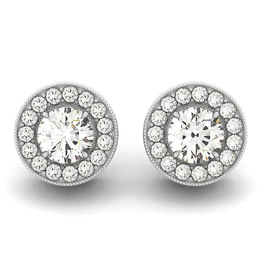 14k White Gold Round Diamond Halo Milgrain Border Earrings (3/4 cttw) RCJ Earrings  CELESTIA LUXE JEWELLERS