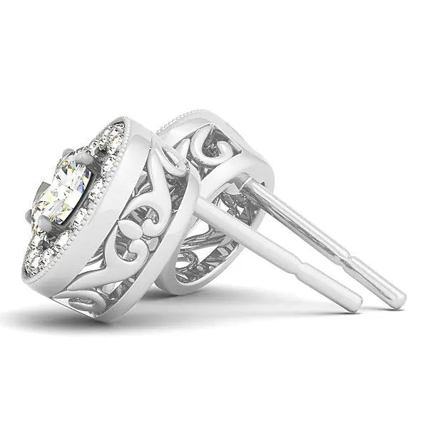 14k White Gold Round Diamond Halo Milgrain Border Earrings (3/4 cttw) RCJ Earrings  CELESTIA LUXE JEWELLERS