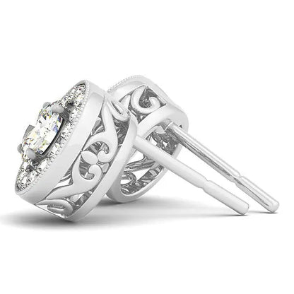 14k White Gold Round Diamond Halo Milgrain Border Earrings (3/4 cttw) RCJ Earrings  CELESTIA LUXE JEWELLERS