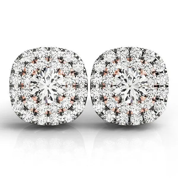 14k White and Rose Gold Cushion Shape Halo Diamond Earrings (3/4 cttw) RCJ Earrings  CELESTIA LUXE JEWELLERS