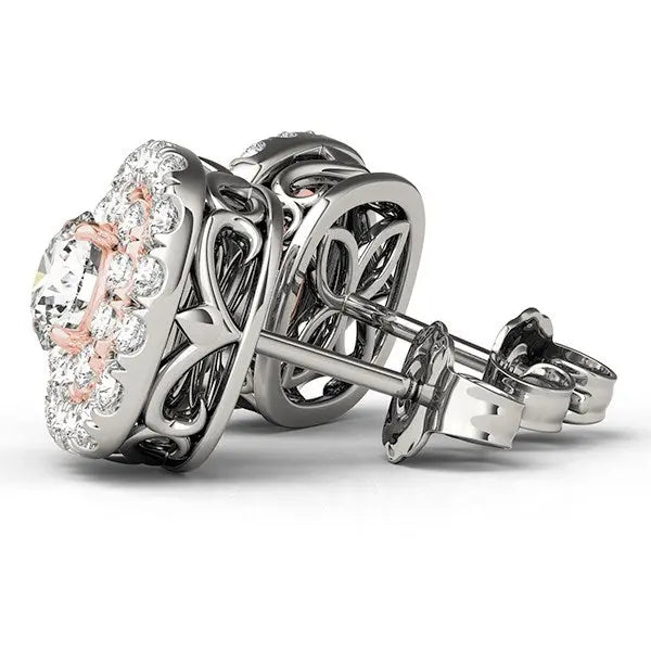 14k White and Rose Gold Cushion Shape Halo Diamond Earrings (3/4 cttw) RCJ Earrings  CELESTIA LUXE JEWELLERS