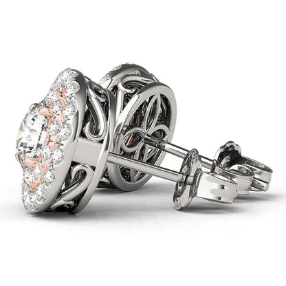 14k White and Rose Gold Round Halo Diamond Earrings (3/4 cttw) RCJ Earrings  CELESTIA LUXE JEWELLERS