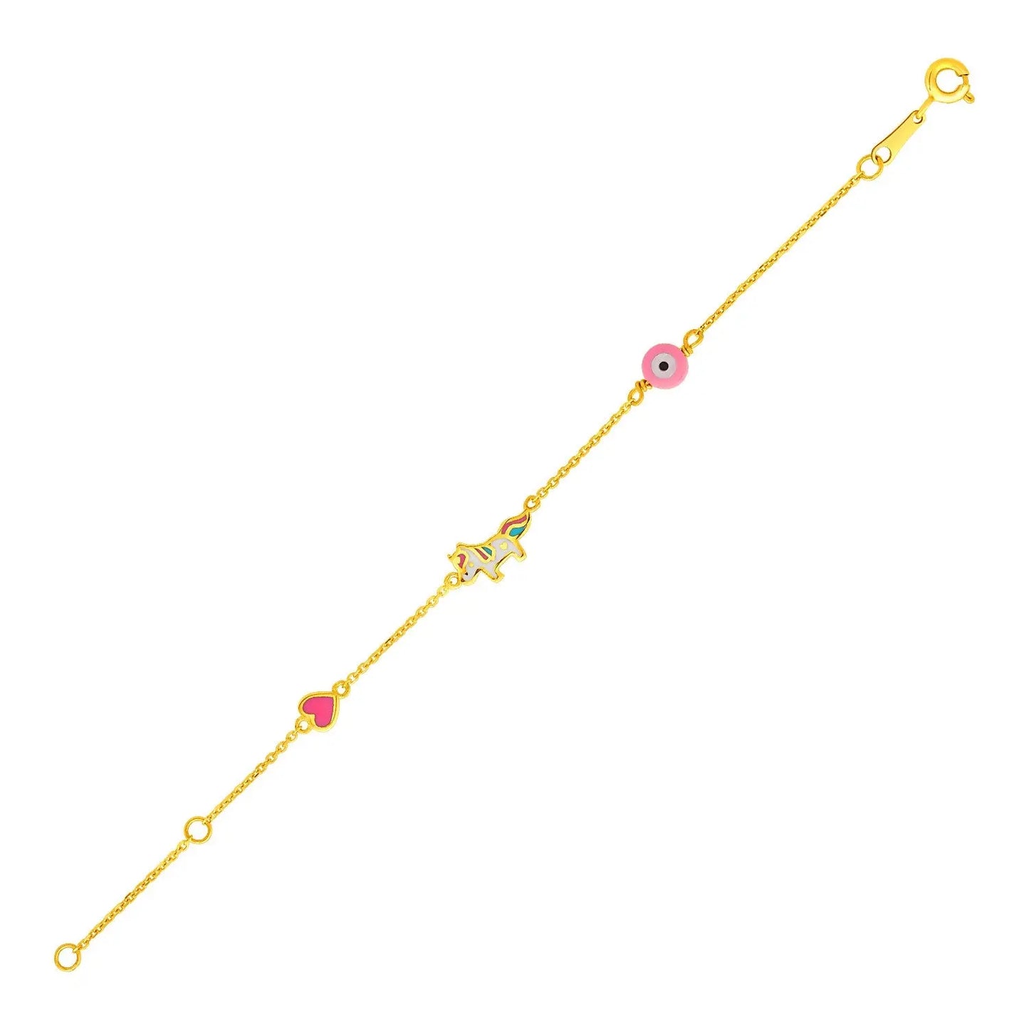 14k Yellow Gold Childrens Bracelet with Enameled Heart Unicorn and Circle RCJ Bracelets  CELESTIA LUXE JEWELLERS