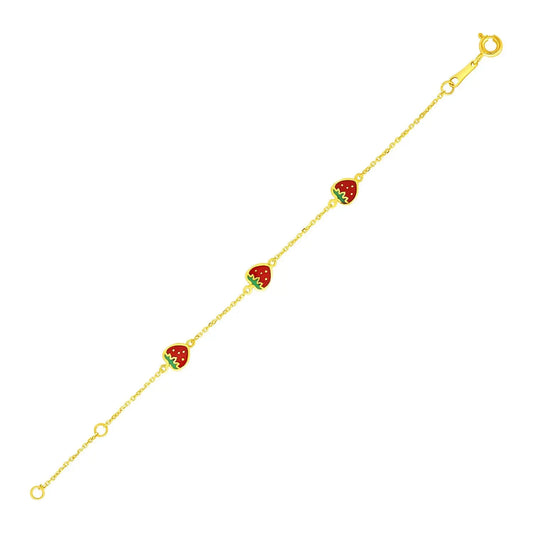 14k Yellow Gold Childrens Bracelet with Enameled Strawberries(1.00 mm) RCJ Bracelets  CELESTIA LUXE JEWELLERS