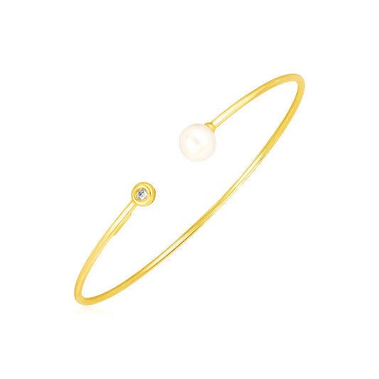 14k Yellow Gold Cuff Bangle with Pearl and Diamond (3.00 mm) RCJ Bangles  CELESTIA LUXE JEWELLERS