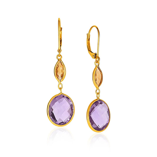 14k Yellow Gold Drop Earrings with Citrine and Amethyst Briolettes RCJ Earrings  CELESTIA LUXE JEWELLERS