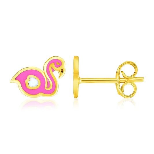 14k Yellow Gold Enameled Flamingo Childrens Earrings RCJ Earrings  CELESTIA LUXE JEWELLERS