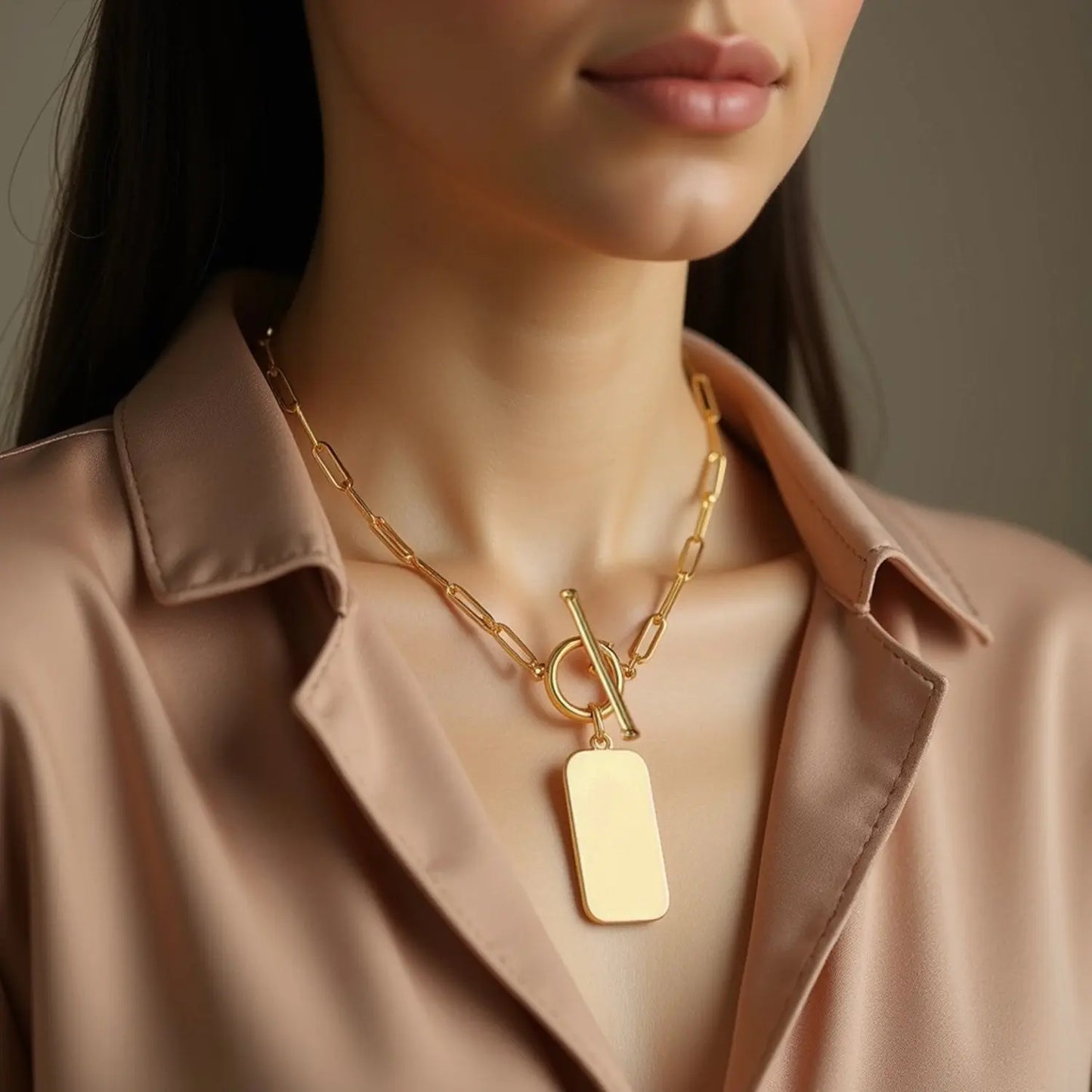 14k Yellow Gold Paperclip Chain Necklace with Rounded Rectangle Pendant RCJ Necklaces  CELESTIA LUXE JEWELLERS