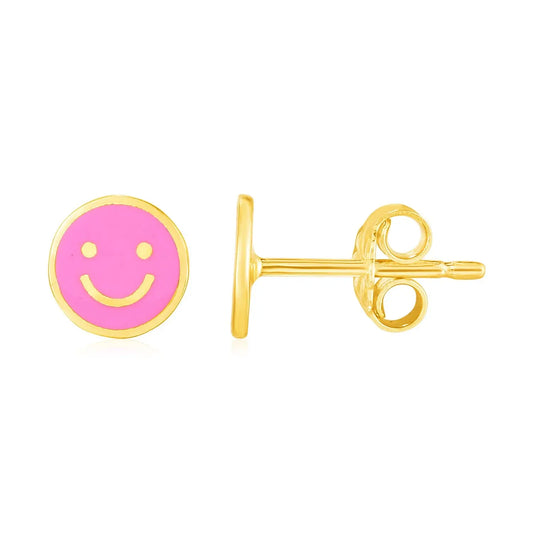 14k Yellow Gold and Enamel Pink Smiley Face Stud Earrings(6.8mm) RCJ Earrings  CELESTIA LUXE JEWELLERS