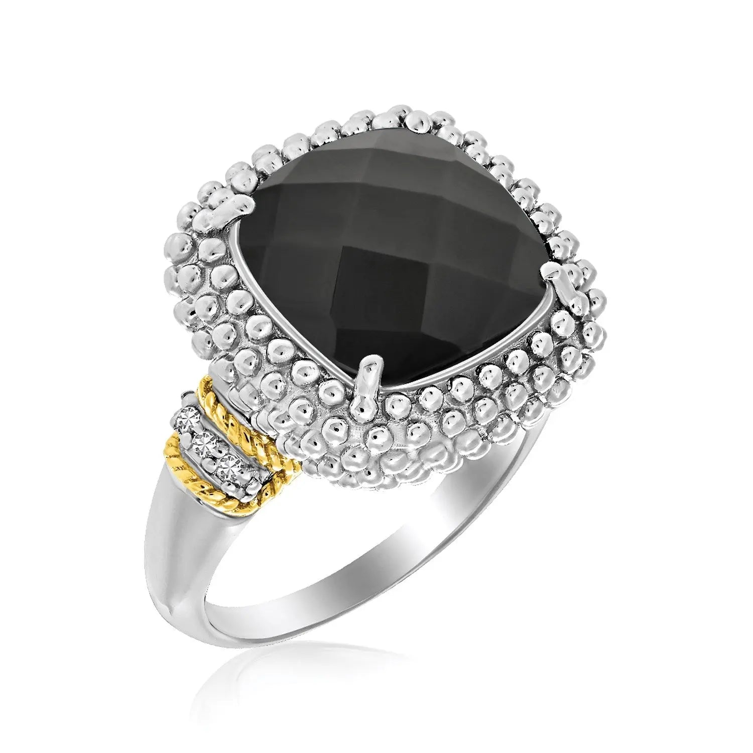18k Yellow Gold & Sterling Silver Black Onyx and Diamond Popcorn Cushion Ring RCJ Rings  CELESTIA LUXE JEWELLERS