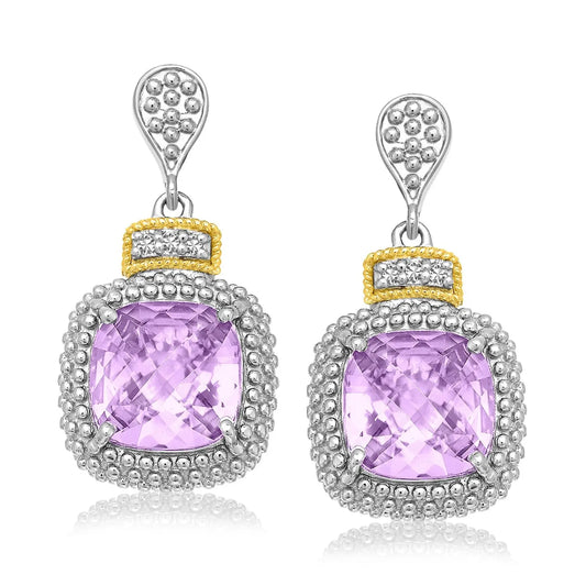 18k Yellow Gold & Sterling Silver Cushion Amethyst & Diamond Earrings (.05cttw) RCJ Earrings  CELESTIA LUXE JEWELLERS