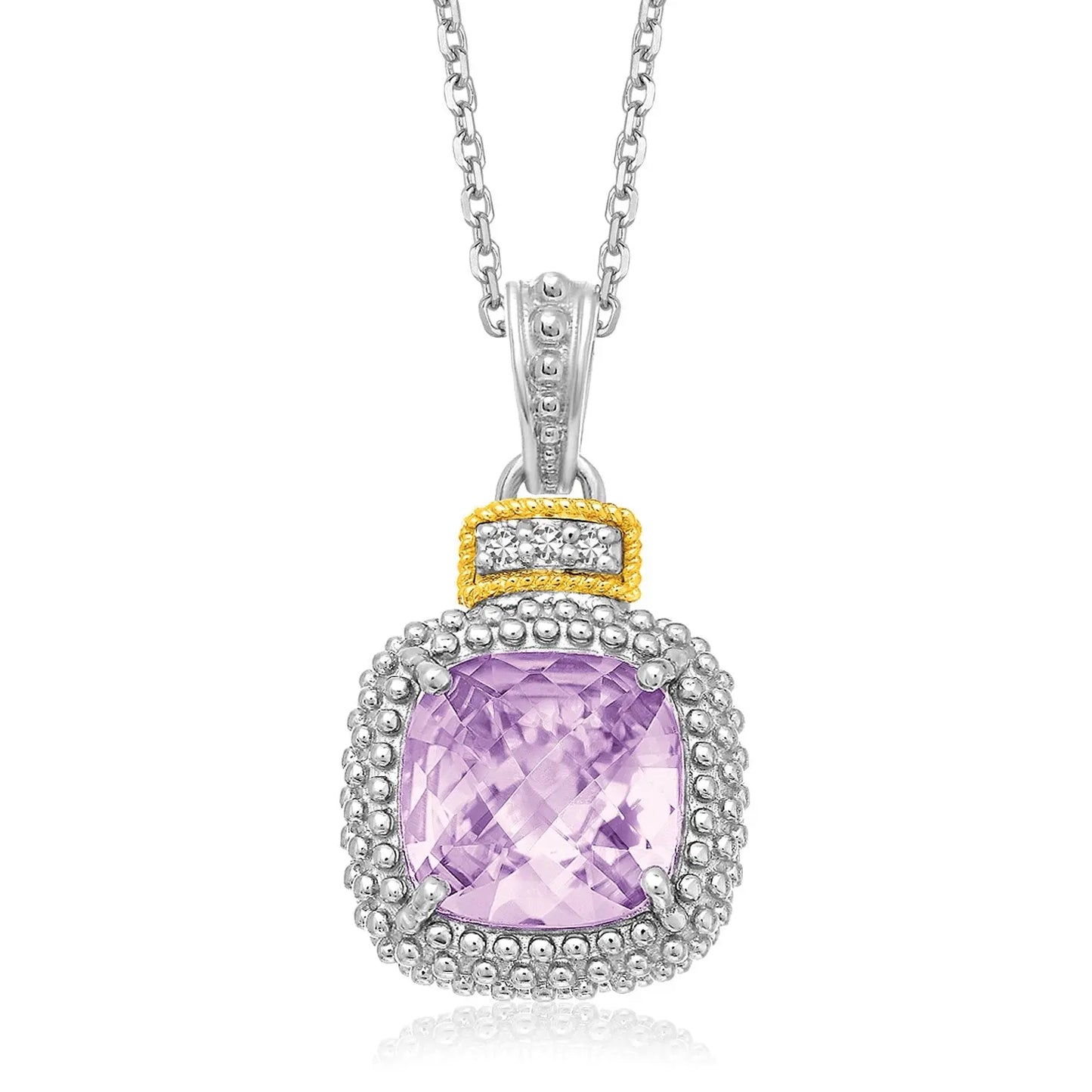 18k Yellow Gold & Sterling Silver Cushion Amethyst and Diamond Pendant RCJ Pendants  CELESTIA LUXE JEWELLERS