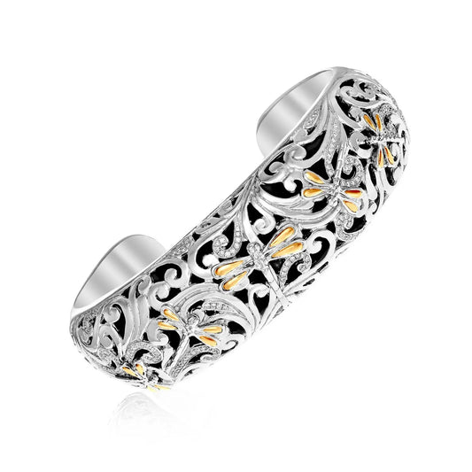 18k Yellow Gold & Sterling Silver Diamond Accent Dragonfly Cuff Bangle(19.00 mm) RCJ Bangles  CELESTIA LUXE JEWELLERS