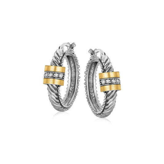 18k Yellow Gold and Sterling Silver Diamond Italian Cable Style Hoop Earrings RCJ Earrings  CELESTIA LUXE JEWELLERS