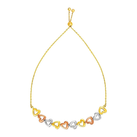 Adjustable Bracelet with Shiny Open Hearts in 14k Tri Color Gold RCJ Bracelets  CELESTIA LUXE JEWELLERS