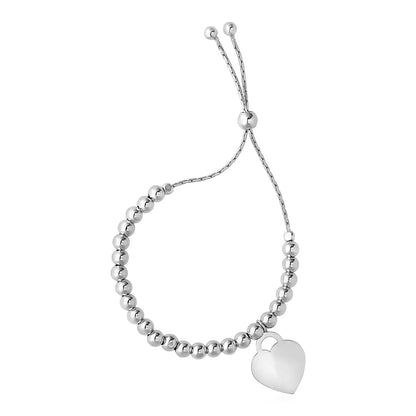 Adjustable Shiny Bead Bracelet with Heart Charm in Sterling Silver (1.30 mm) RCJ Bracelets  CELESTIA LUXE JEWELLERS