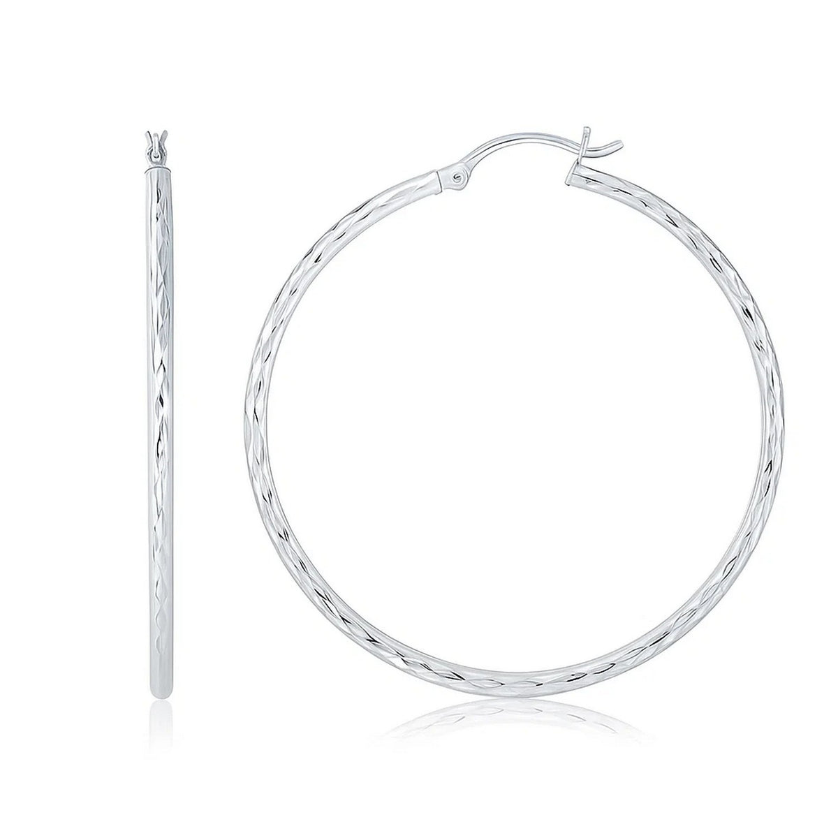 14k White Gold Diamond Cut Hoop Earrings