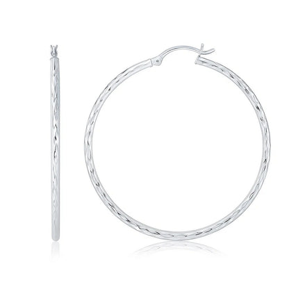 14k White Gold Diamond Cut Hoop Earrings